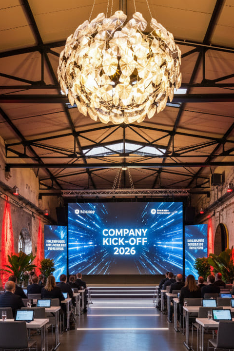 hc-company-kick-off großer Konferenzraum mit schönen Lampen und großer Leinwand
